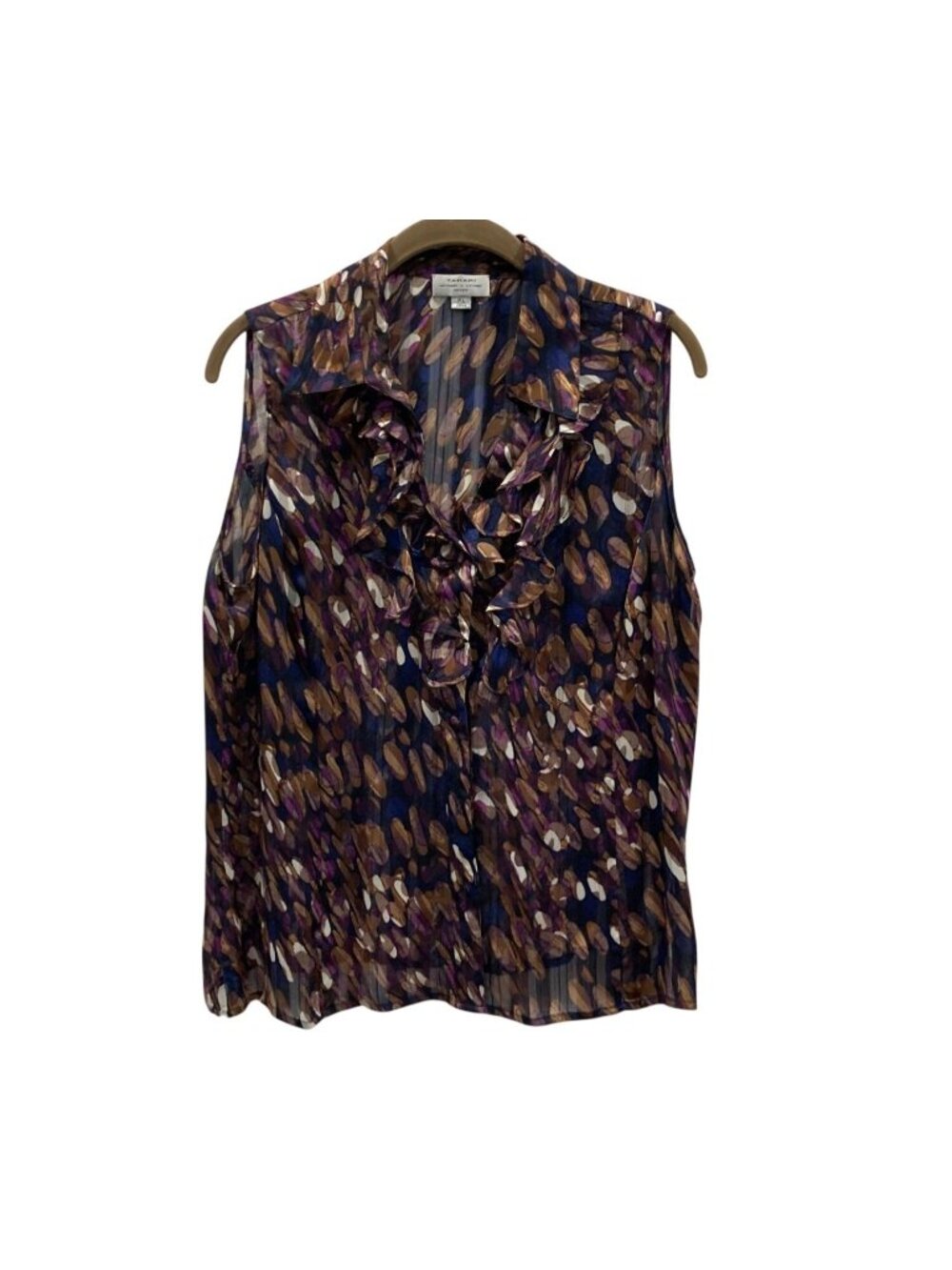 Tahari Ruffled Sleeveless Blouse sz PL Brown Purple Sheer Abstract Artsy Career